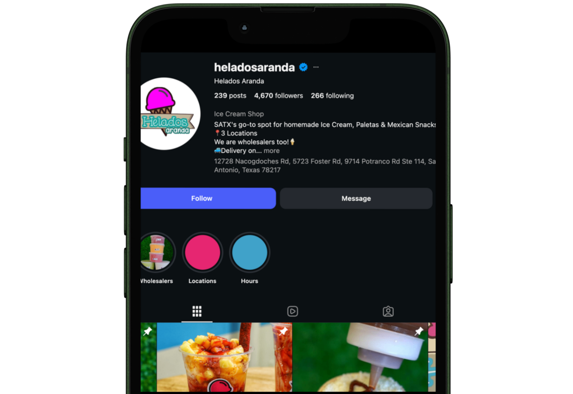 Helados Aranda Instagram profile shown on a phone